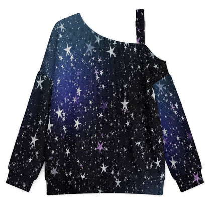 Fall Casual Asymmetric Shoulder Knit Top with Buckle Detail Night, Starry Sky