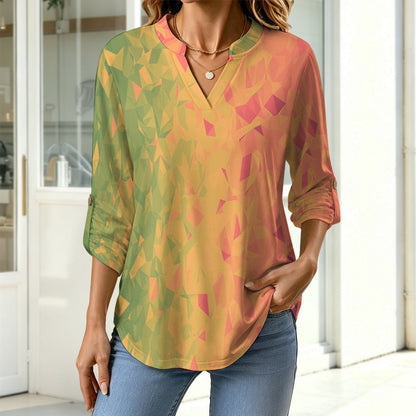 Women's Notched V Neck Tunic Tops, Roll Up 3/4 Sleeve Button Cuff Casual Blouse, Hem Loose Work Shirts  Colored Diamond Pattern