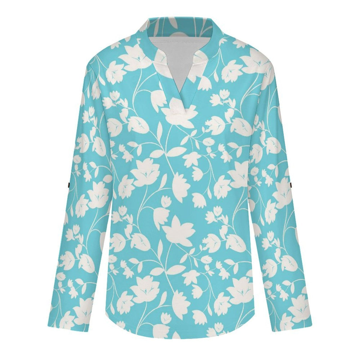 Flower  Versatile Notched V-Neck Tunic | Roll Tab 3/4 Sleeve Office Casual Top