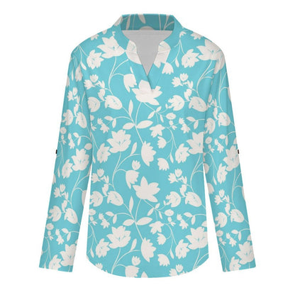 Flower  Versatile Notched V-Neck Tunic | Roll Tab 3/4 Sleeve Office Casual Top