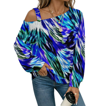 Women’s Off-Shoulder Knit Sweater Colorful Feather Pattern