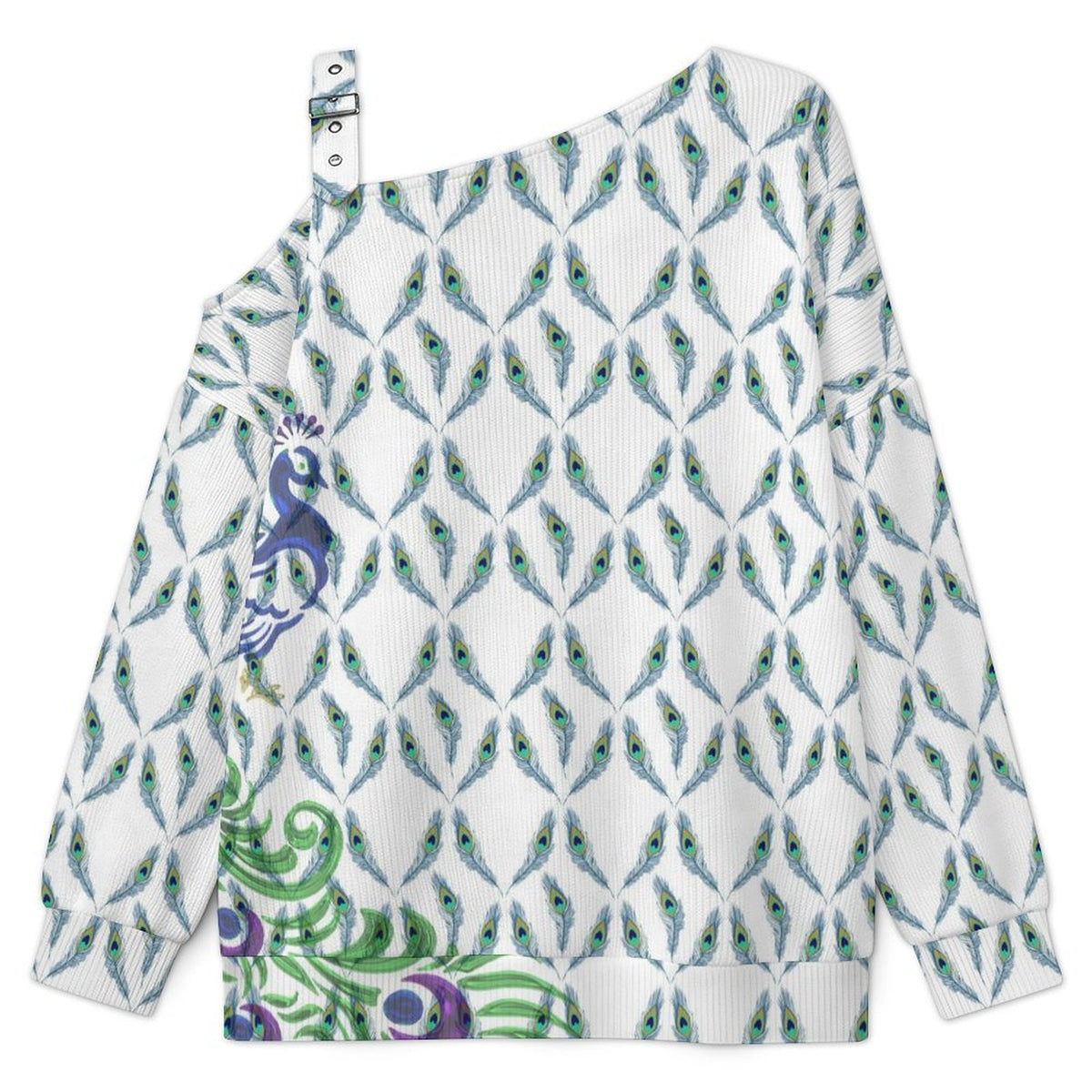 Women’s Off-Shoulder Knit Sweater Blue Peacock Feather