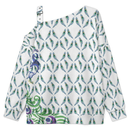 Women’s Off-Shoulder Knit Sweater Blue Peacock Feather