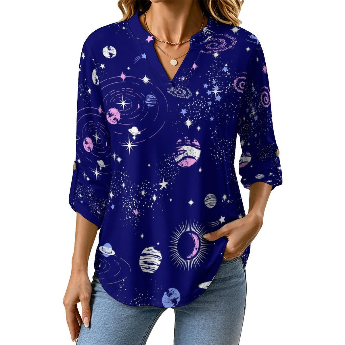 Women's Notched V Neck Tunic Tops, Roll Up 3/4 Sleeve Button Cuff Casual Blouse, Hem Loose Work Shirts  Blue Planet, Outer Space