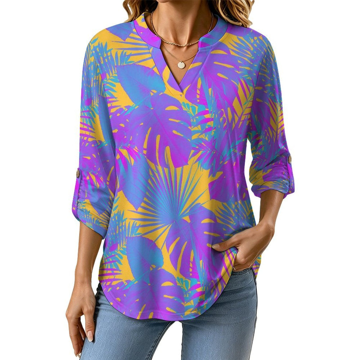 Stand-up Collar Long-sleeved Shirt Plant Summer white S Women’s V-Neck Blouses