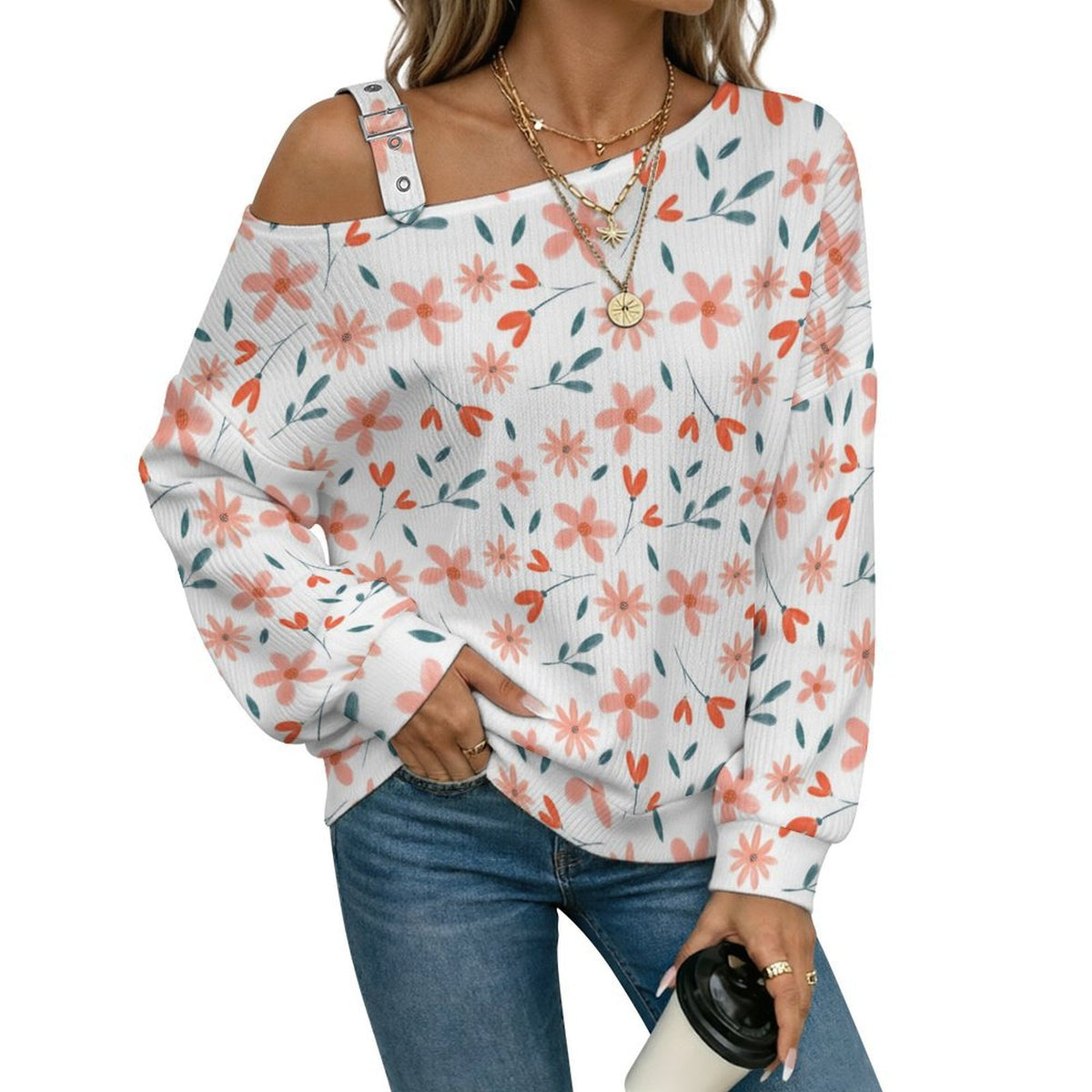 Fall Casual Asymmetric Shoulder Knit Top with Buckle Detail Flower