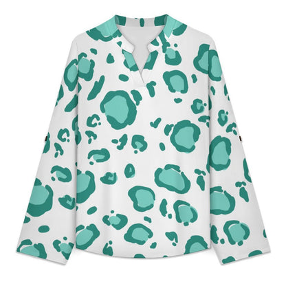 Women's Notched V Neck Tunic Tops, Roll Up 3/4 Sleeve Button Cuff Casual Blouse, Hem Loose Work Shirts  Green Leopard Print