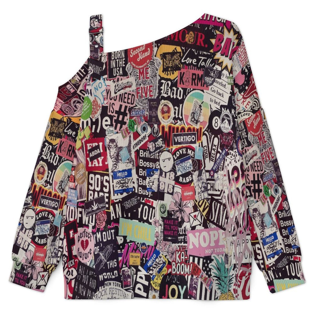Buckle Strap Asymmetrical Off Shoulder Knit Sweater Sticker Newspaper