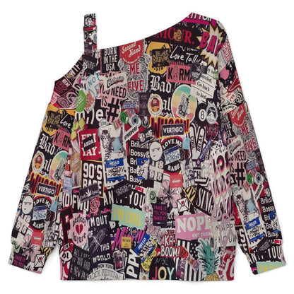 Buckle Strap Asymmetrical Off Shoulder Knit Sweater Sticker Newspaper