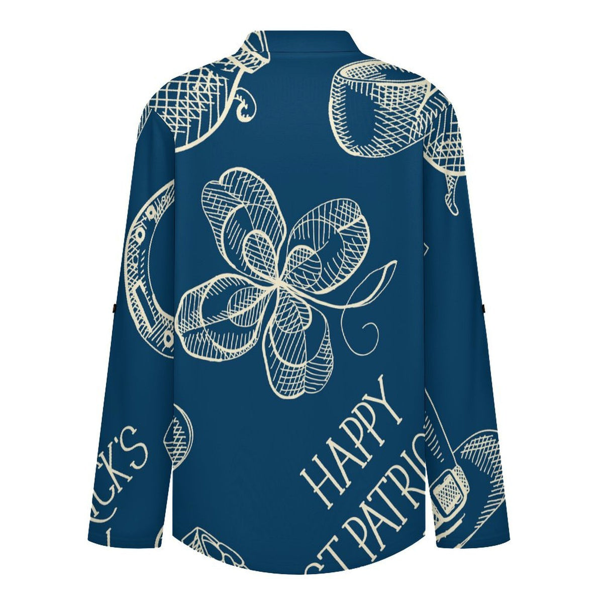 Women Curved Hem V Neck Roll Sleeve Casual Work Top  Blue, St. Patrick's Day, Pattern