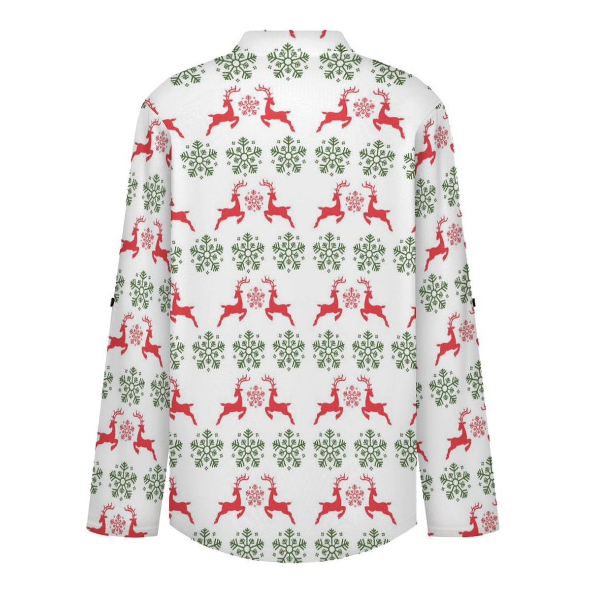 Women's Notched V Neck Tunic Tops, Roll Up 3/4 Sleeve Button Cuff Casual Blouse, Hem Loose Work Shirts  Christmas-snowflake-reindeer-red-green-tiled-repeat