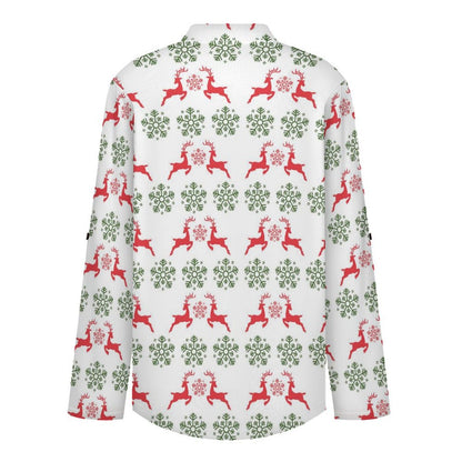 Women's Notched V Neck Tunic Tops, Roll Up 3/4 Sleeve Button Cuff Casual Blouse, Hem Loose Work Shirts  Christmas-snowflake-reindeer-red-green-tiled-repeat