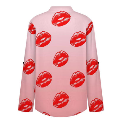 Red Lips Roll Tab 3/4 Sleeve Notched V Neck Tunic Blouse