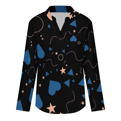 Love Starlight Pattern  Versatile Notched V-Neck Tunic | Roll Tab 3/4 Sleeve Office Casual Top