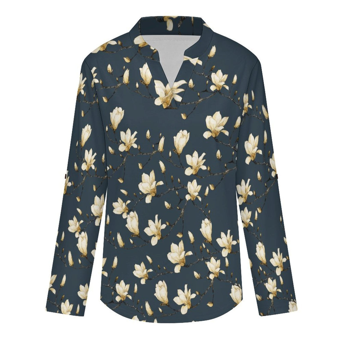 Versatile Notched V-Neck Tunic | Roll Tab 3/4 Sleeve Office Casual Top  Flowers, Women's Clothing, Repeating Patterns