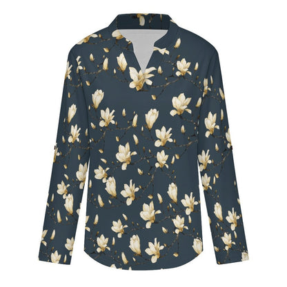 Versatile Notched V-Neck Tunic | Roll Tab 3/4 Sleeve Office Casual Top  Flowers, Women's Clothing, Repeating Patterns