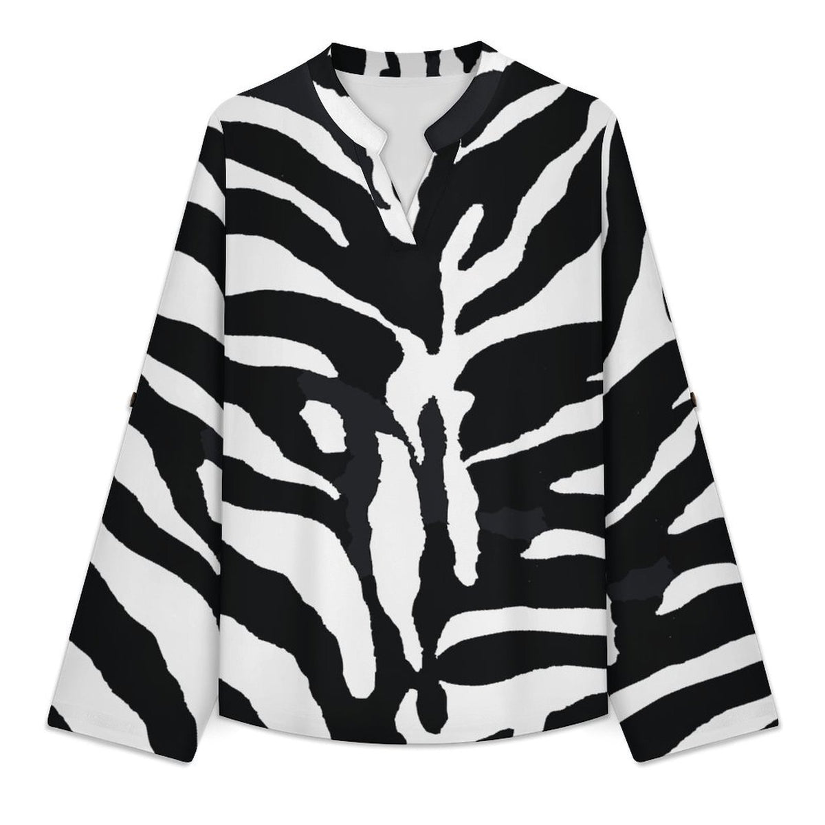 Black And White Zebra Print Roll Tab 3/4 Sleeve Notched V Neck Tunic Blouse