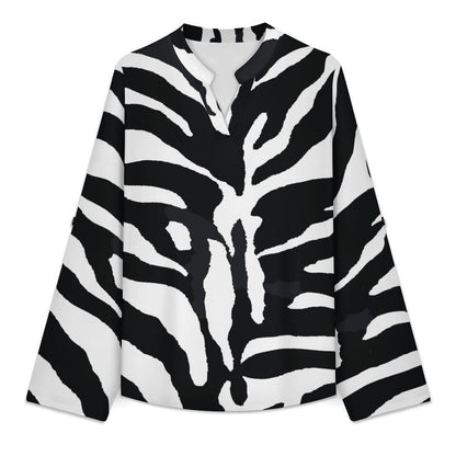 Black And White Zebra Print Roll Tab 3/4 Sleeve Notched V Neck Tunic Blouse