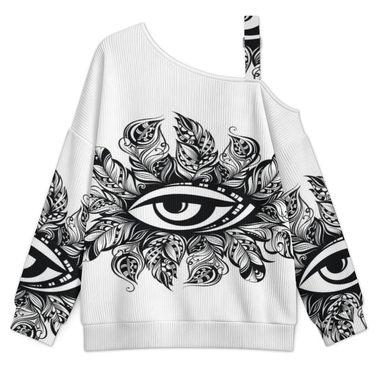 Feathers Eye Buckle Strap Asymmetrical Off Shoulder Knit Sweater