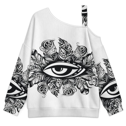 Feathers Eye Buckle Strap Asymmetrical Off Shoulder Knit Sweater