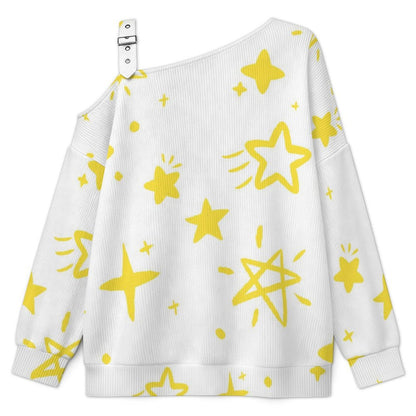 Fall Casual Asymmetric Shoulder Knit Top with Buckle Detail Pattern-star-cute-tile Pattern