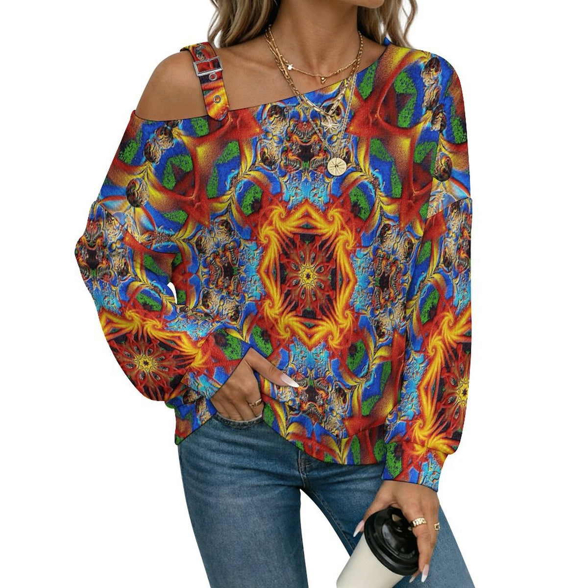 Off-the-shoulder SweaterColor, Abstract Painting Women’s Off-Shoulder Knit Sweater