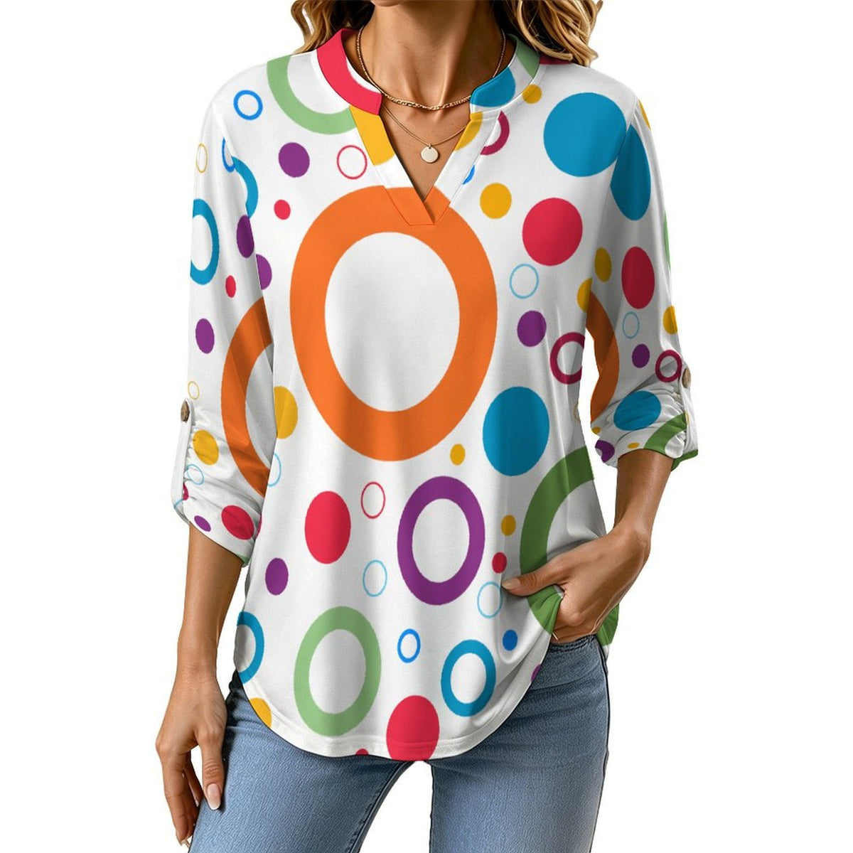 Color Circle Background  Versatile Notched V-Neck Tunic | Roll Tab 3/4 Sleeve Office Casual Top