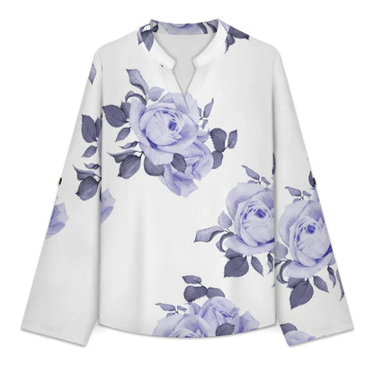 Rose Repeat Tablecloth Curtain Roll Tab 3/4 Sleeve Notched V Neck Tunic Blouse