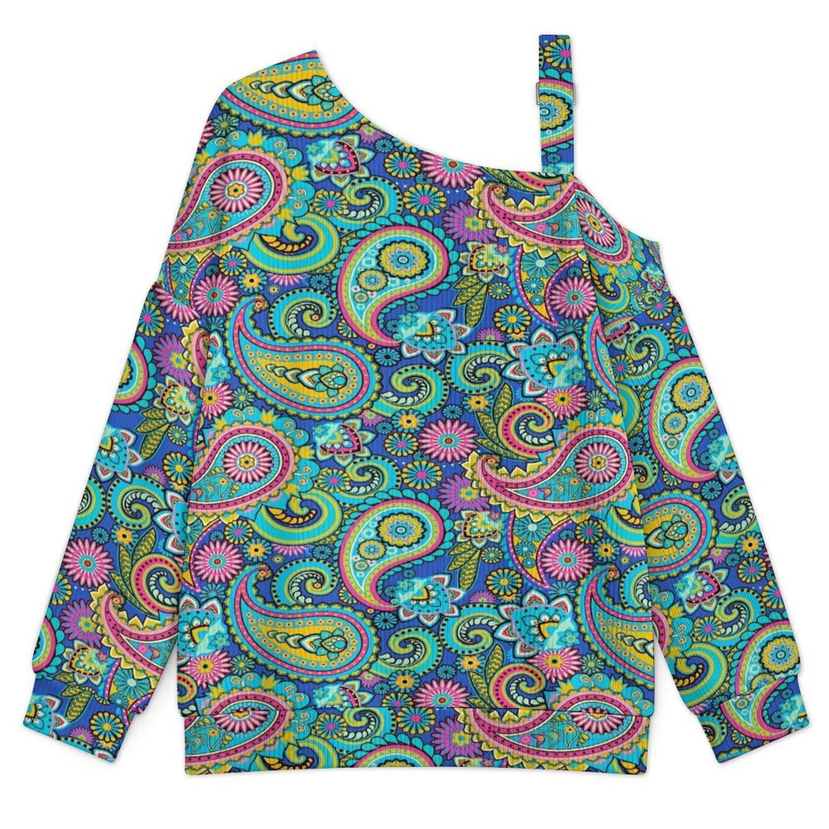 Fall Casual Asymmetric Shoulder Knit Top with Buckle Detail Paisley
