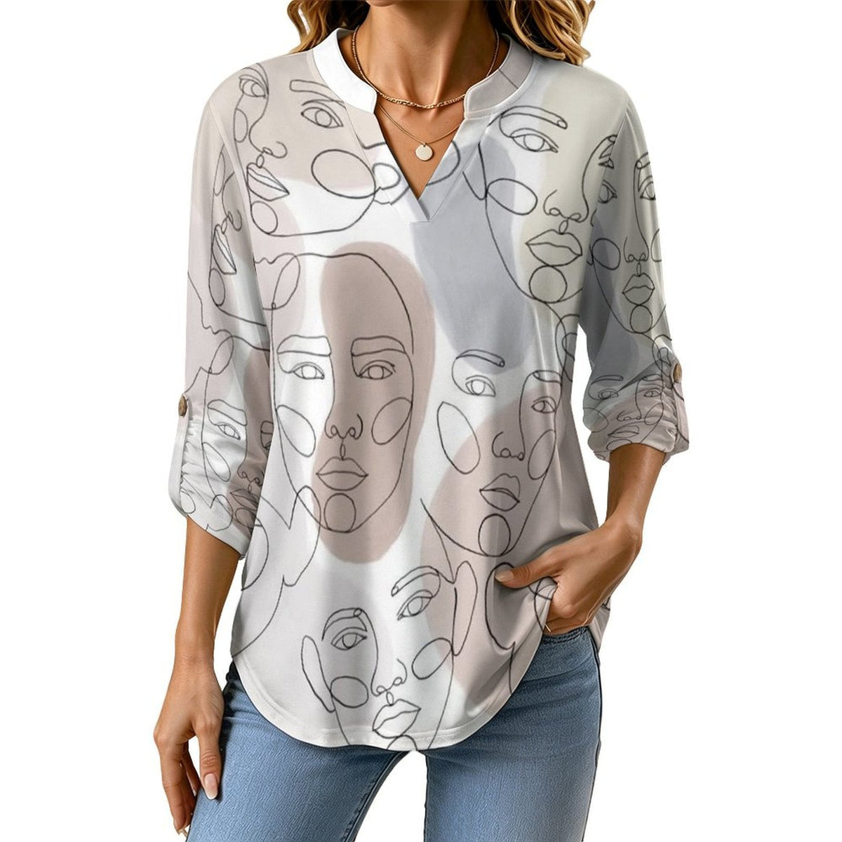 Character Line Design  Women Curved Hem V Neck Roll Sleeve Casual Work Top