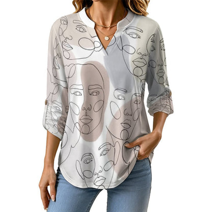Character Line Design  Women Curved Hem V Neck Roll Sleeve Casual Work Top