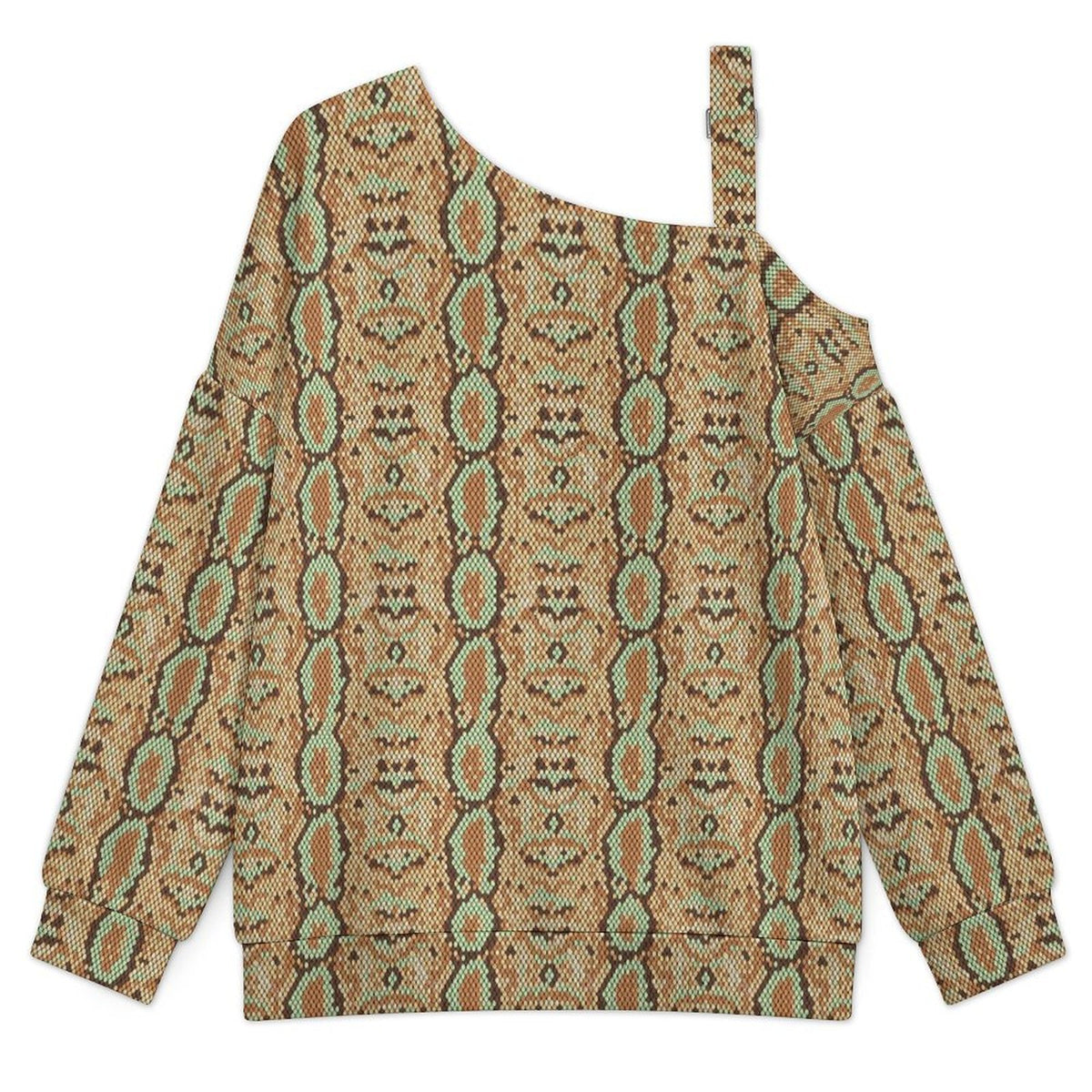 Fall Casual Asymmetric Shoulder Knit Top with Buckle Detail Snakeskin Pattern, Repeating Pattern