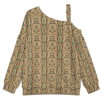 Fall Casual Asymmetric Shoulder Knit Top with Buckle Detail Snakeskin Pattern, Repeating Pattern