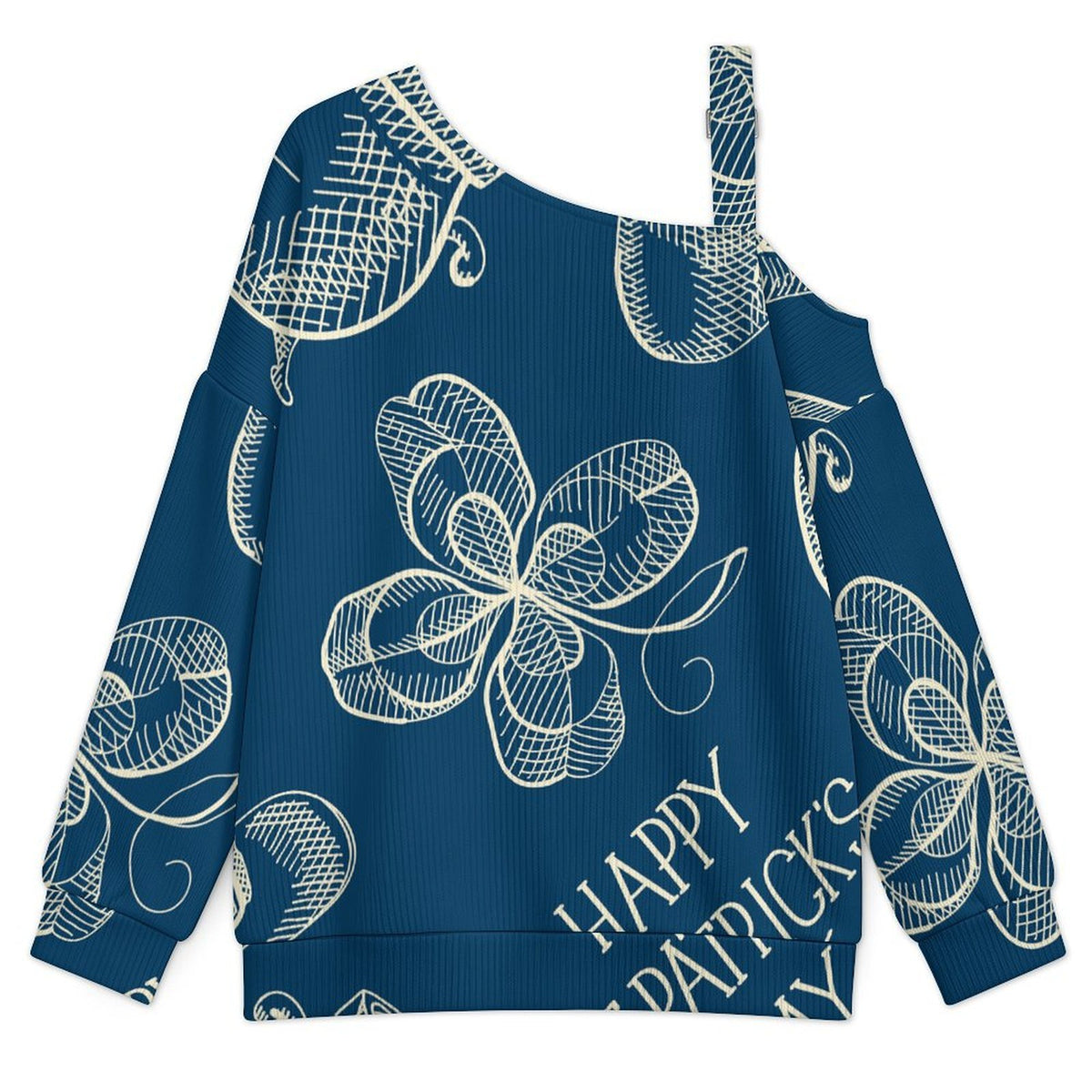 Blue, St. Patrick's Day, Pattern Fall Casual Asymmetric Shoulder Knit Top with Buckle Detail