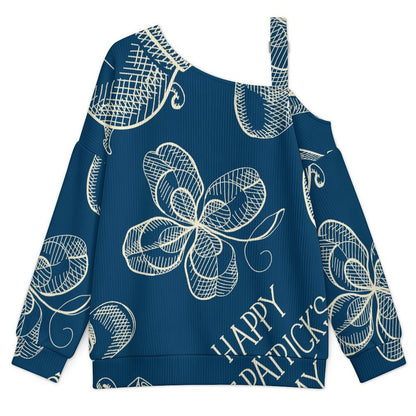 Blue, St. Patrick's Day, Pattern Fall Casual Asymmetric Shoulder Knit Top with Buckle Detail