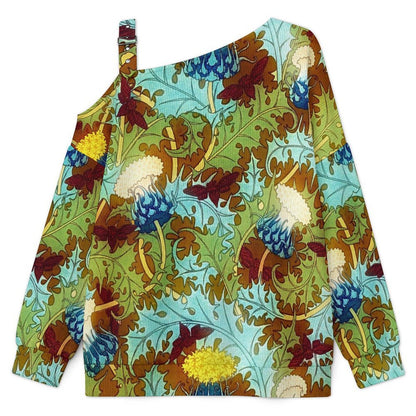Vintage Flower Pattern Buckle Strap Asymmetrical Off Shoulder Knit Sweater
