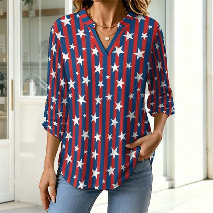 American Flag Roll Tab 3/4 Sleeve Notched V Neck Tunic Blouse