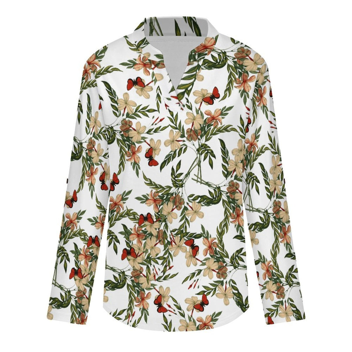 Versatile Notched V-Neck Tunic  Roll Tab 3/4 Sleeve Office Casual Top  Butterfly, Flower, Repeating Pattern