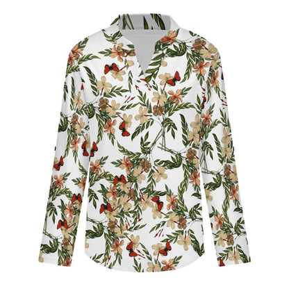 Versatile Notched V-Neck Tunic  Roll Tab 3/4 Sleeve Office Casual Top  Butterfly, Flower, Repeating Pattern