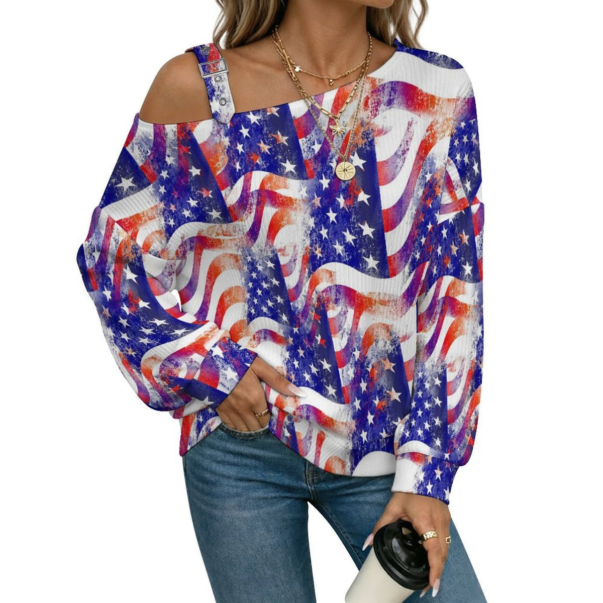 Buckle Strap Asymmetrical Off Shoulder Knit Sweater Many American Flags Intertwined
