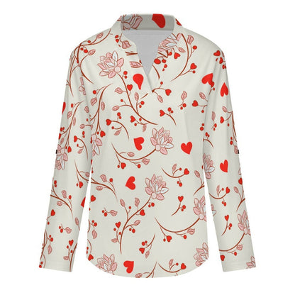 White Background Love Flowers  Versatile Notched V-Neck Tunic | Roll Tab 3/4 Sleeve Office Casual Top