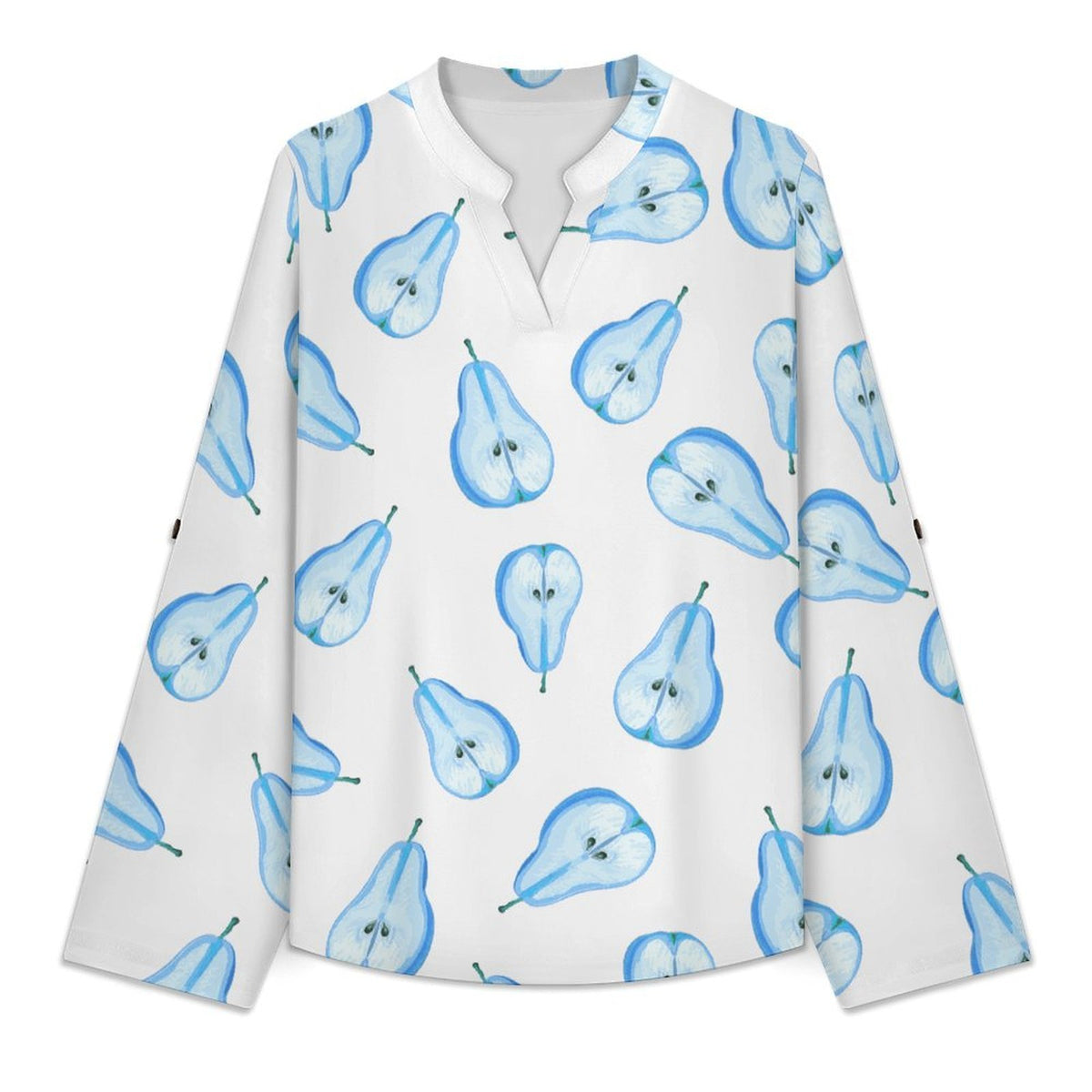 Pear, Repeating Pattern  Versatile Notched V-Neck Tunic | Roll Tab 3/4 Sleeve Office Casual Top