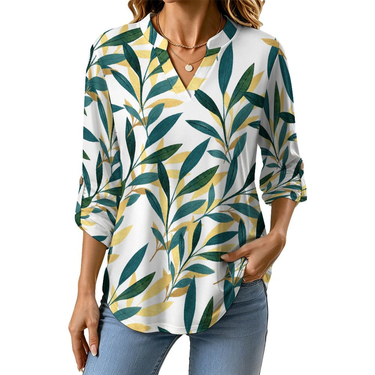 Stand-up Collar Long-sleeved Shirt Leaves, Gold, Repeating Pattern white S Women’s V-Neck Blouses