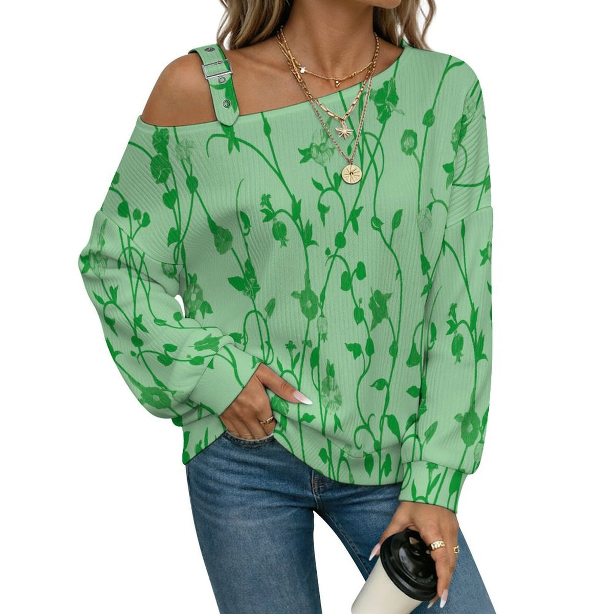 Women’s Off-Shoulder Knit Sweater Leaf Vine Background