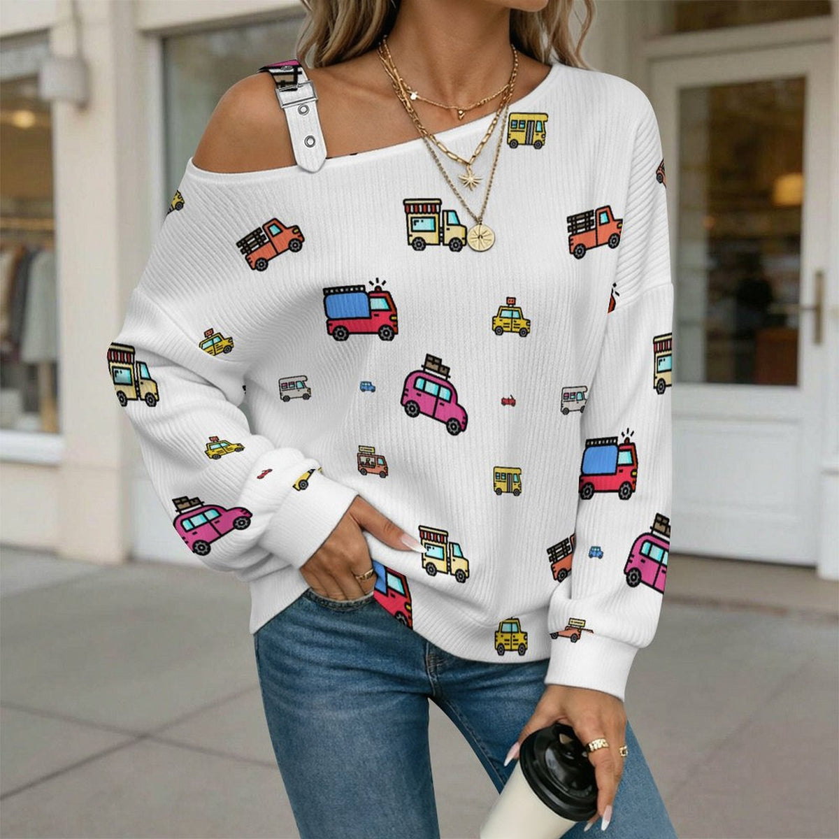 Women’s Off-Shoulder Knit Sweater Car Background
