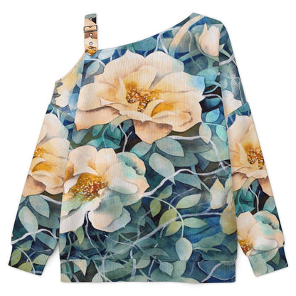 Fall Casual Asymmetric Shoulder Knit Top with Buckle Detail Vintage Flower Pattern