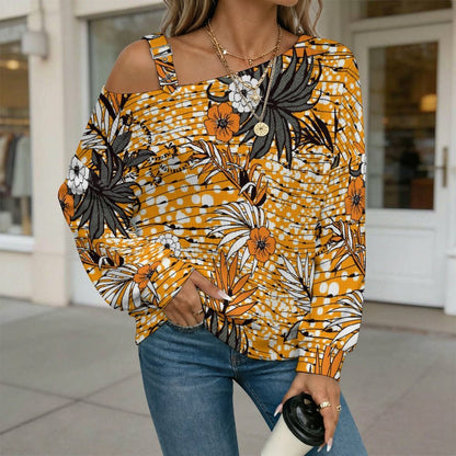 Yellow Flower Pattern Buckle Strap Asymmetrical Off Shoulder Knit Sweater