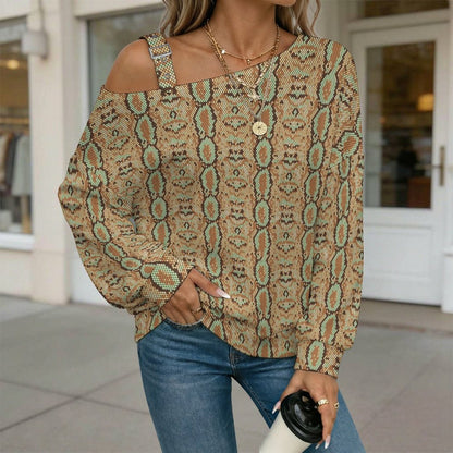 Fall Casual Asymmetric Shoulder Knit Top with Buckle Detail Snakeskin Pattern, Repeating Pattern