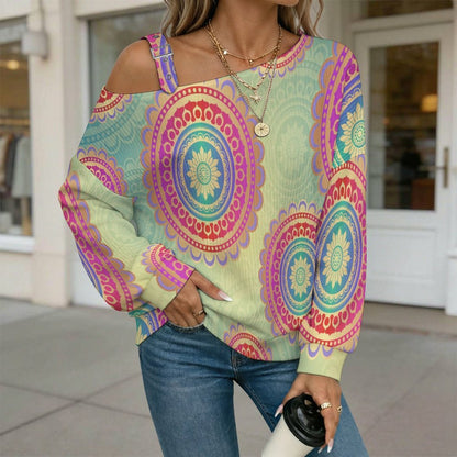 Retro Pattern Buckle Strap Asymmetrical Off Shoulder Knit Sweater
