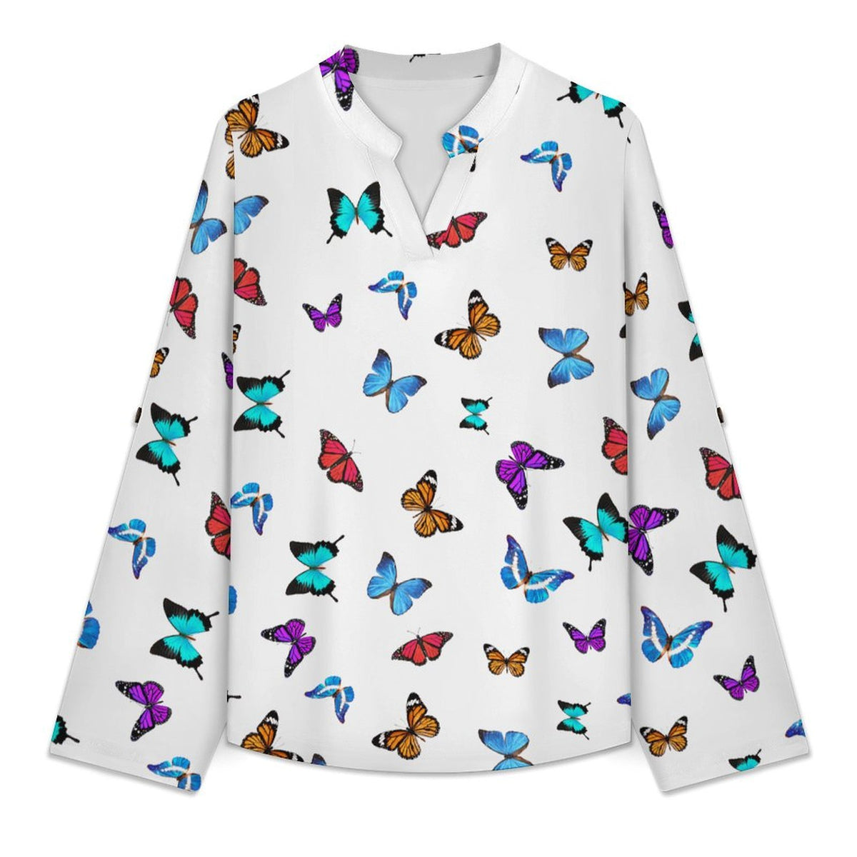 Repeating Pattern, Butterfly, Color Roll Tab 3/4 Sleeve Notched V Neck Tunic Blouse